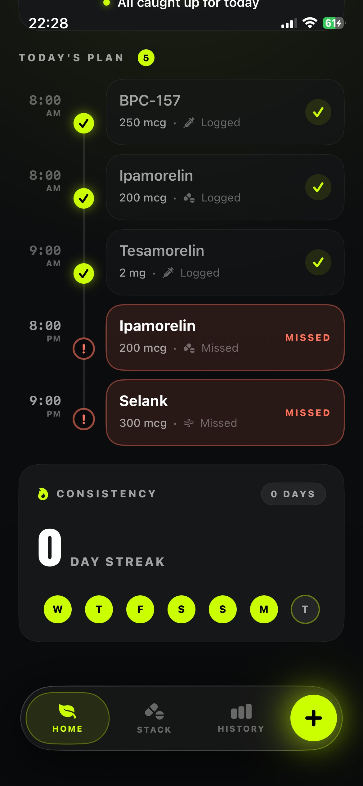Peptik home screen showing today's dose progress